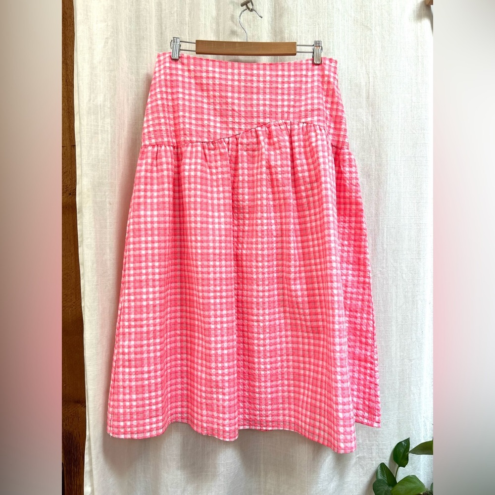 NWT TOPSHOP Pink White Gingham Midi Skirt size 10